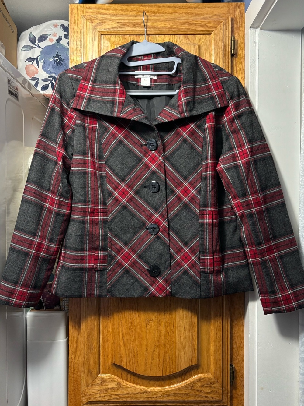 Christopher & Banks Red and Gray Plaid Button-Front Blazer